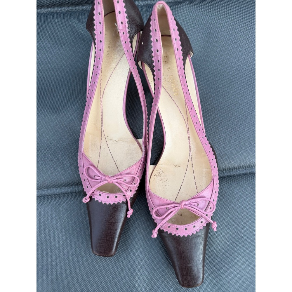 Kate Spade New York Brown Pink Leather Slingback Heels Square Toe Bow Italy 6M